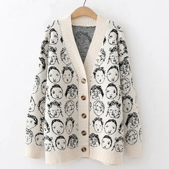 New Comic Face V Neck Cardigan Sweater