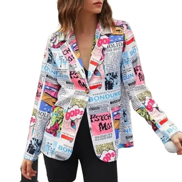 Newspaper Color Print Long Sleeves Lapel Suit Blazer