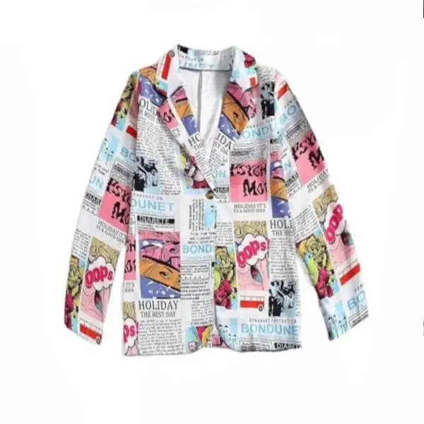 Newspaper Color Print Long Sleeves Lapel Suit Blazer