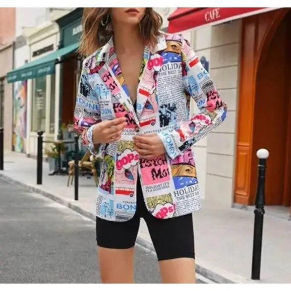 Newspaper Color Print Long Sleeves Lapel Suit Blazer