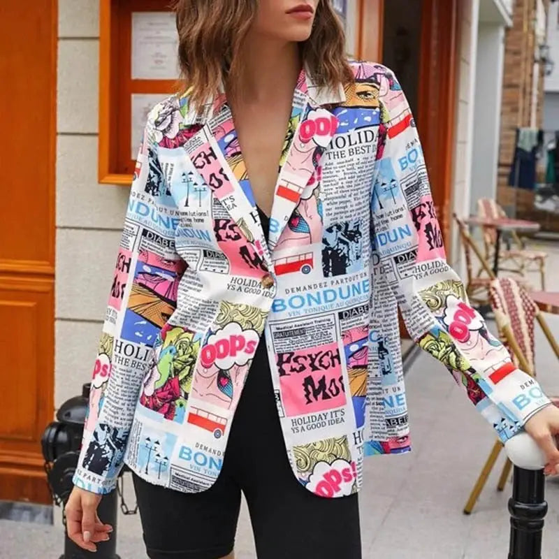 Newspaper Color Print Long Sleeves Lapel Suit Blazer