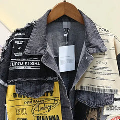Newspaper Patchwork Denim Jacket for Men and Women Black