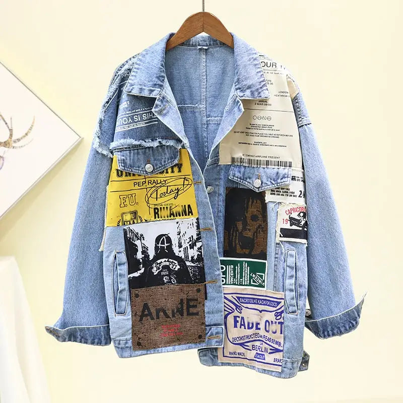 Newspaper Patchwork Denim Jacket for Men and Women Black