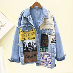 Newspaper Patchwork Denim Jacket for Men and Women Black