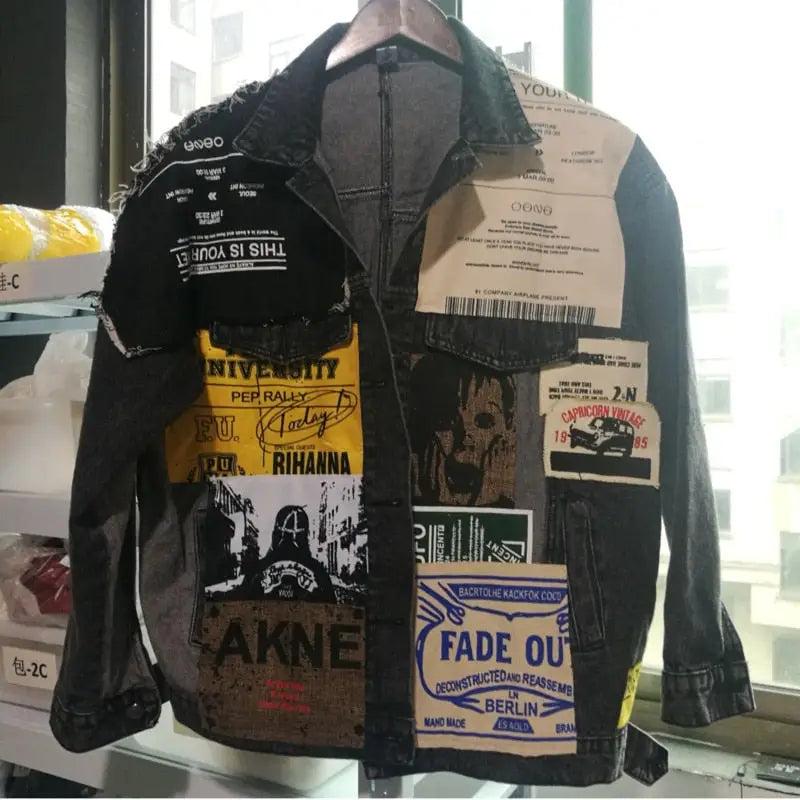 Newspaper Patchwork Denim Jacket for Men and Women Black