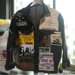 Newspaper Patchwork Denim Jacket for Men and Women Black