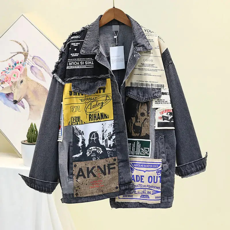 Newspaper Patchwork Denim Jacket for Men and Women Black