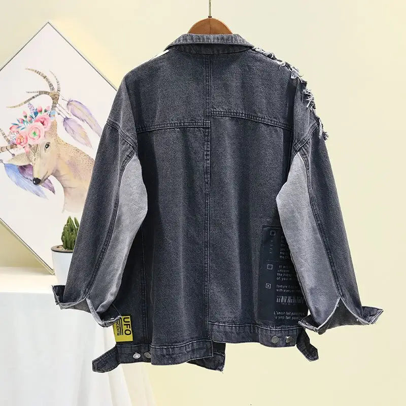 Newspaper Patchwork Denim Jacket for Men and Women Black