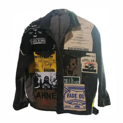 Newspaper Patchwork Denim Jacket for Men and Women Black