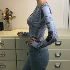 Newspaper Printed Long Sleeve Top for Women Blue / M