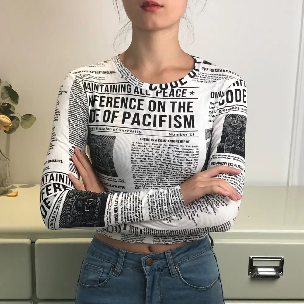 Newspaper Printed Long Sleeve Top for Women White / M