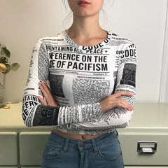 Newspaper Printed Long Sleeve Top for Women White / M