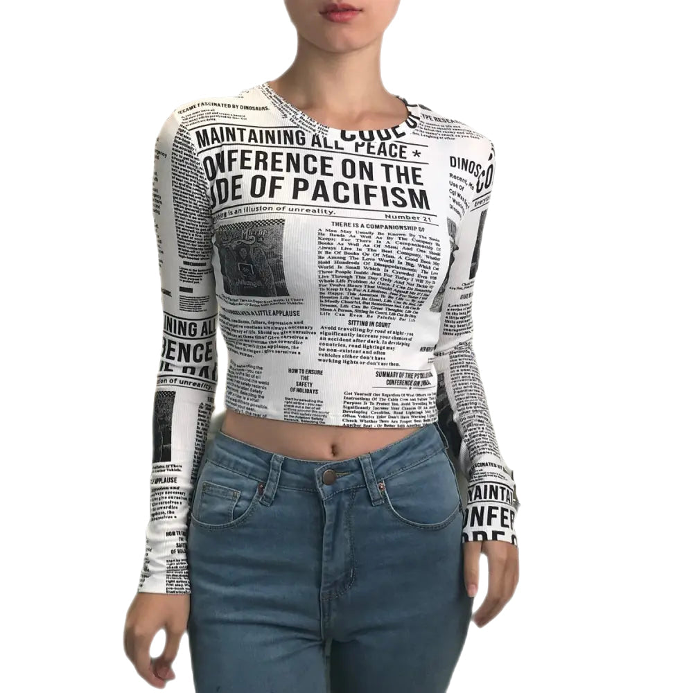 Newspaper Printed Long Sleeve Top for Women White / S
