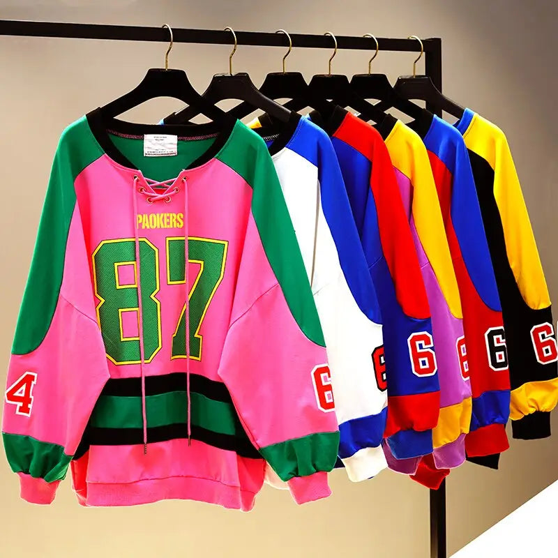 Number Color Block Spliced Oversize Sweatshirt