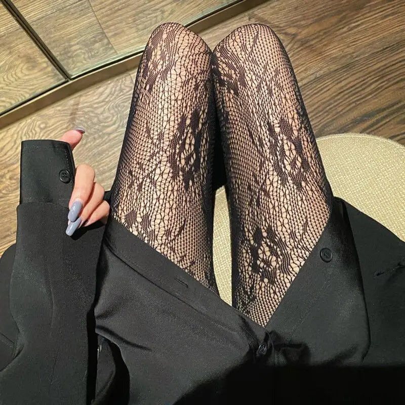 Nylon Mesh Pantyhose One Size Spandex Balck Flower