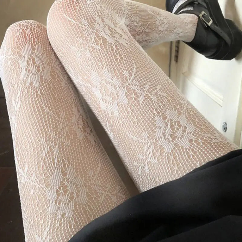 Nylon Mesh Pantyhose One Size Spandex White Flower