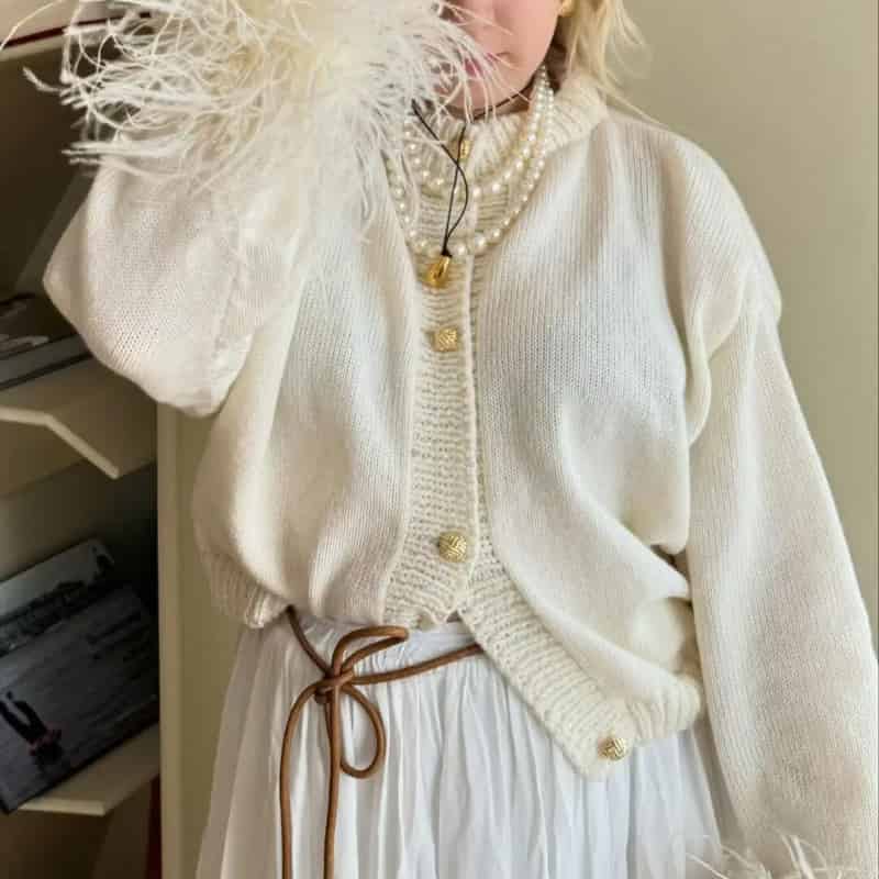 O Neck Feather Cuff Long Sleeve Button Up Cardigan Beige / S