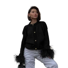 O Neck Feather Cuff Long Sleeve Button Up Cardigan Black / S