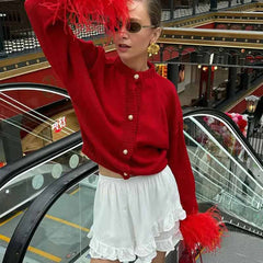 O Neck Feather Cuff Long Sleeve Button Up Cardigan Red / S