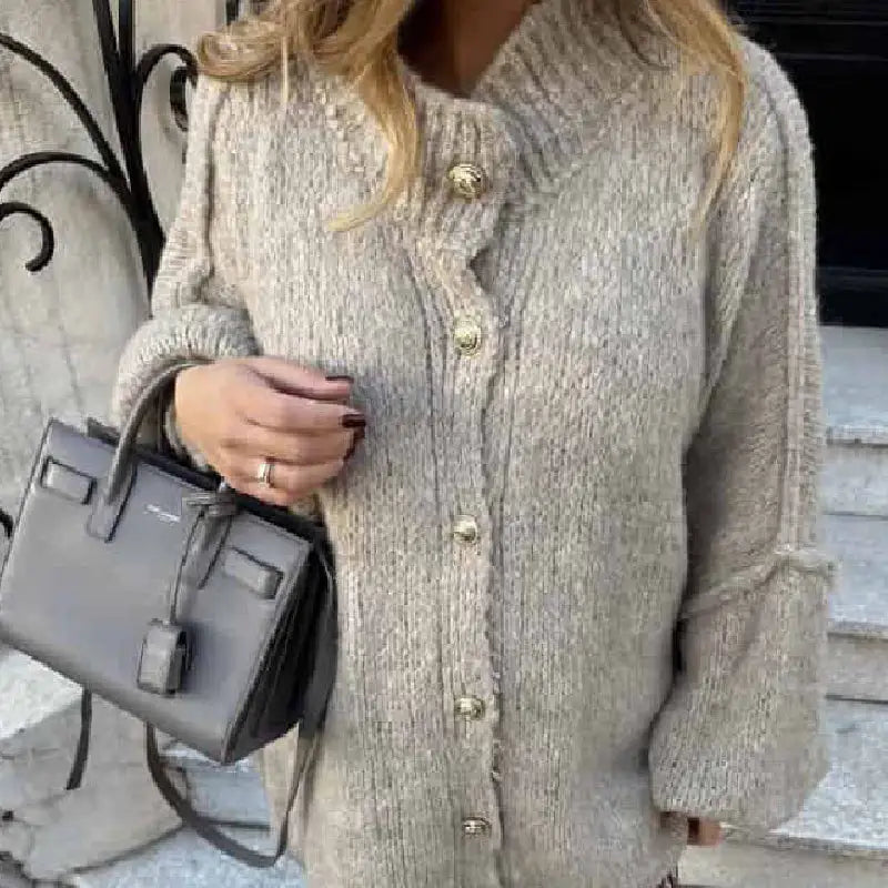 O Neck Knit Long Sleeve Pullover Button Sweater - Khaki