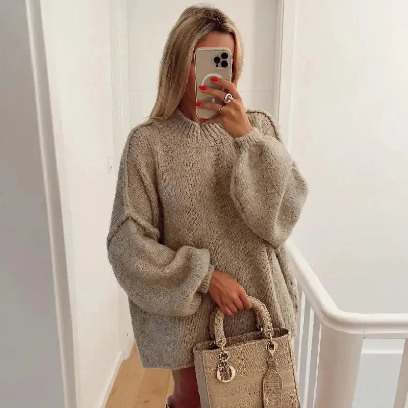 O Neck Knit Long Sleeve Pullover Sweater Khaki / S