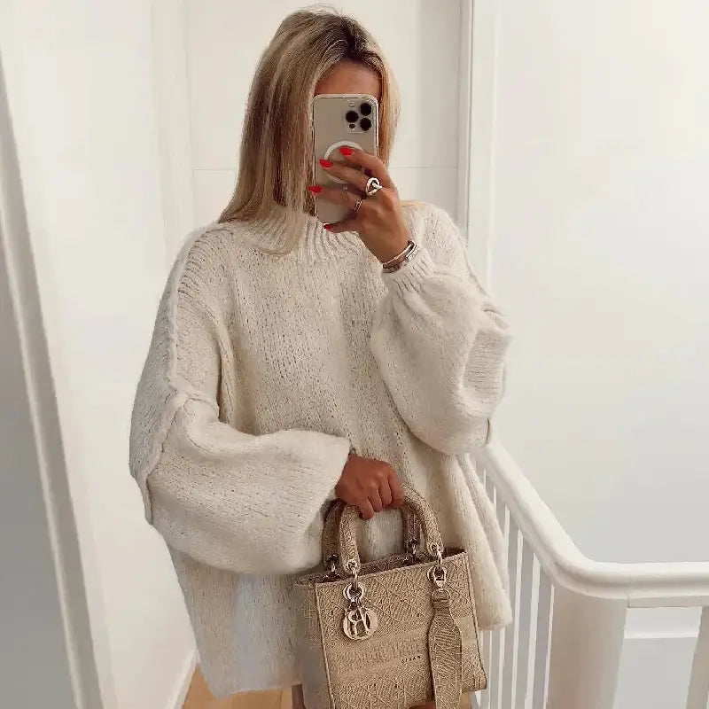 O Neck Oversized Knit Long Sleeve Pullover Sweater - Beige