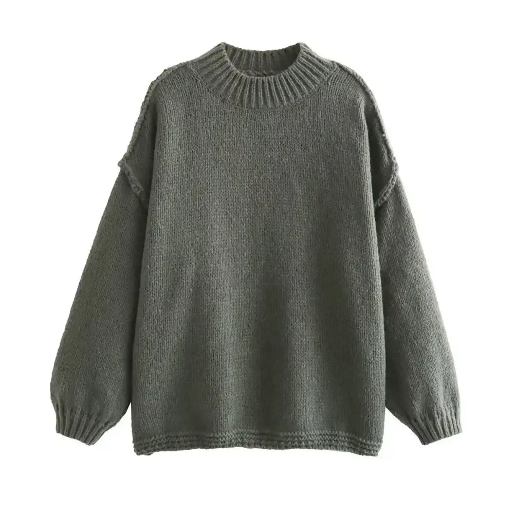 O Neck Oversized Knit Long Sleeve Pullover Sweater - Green