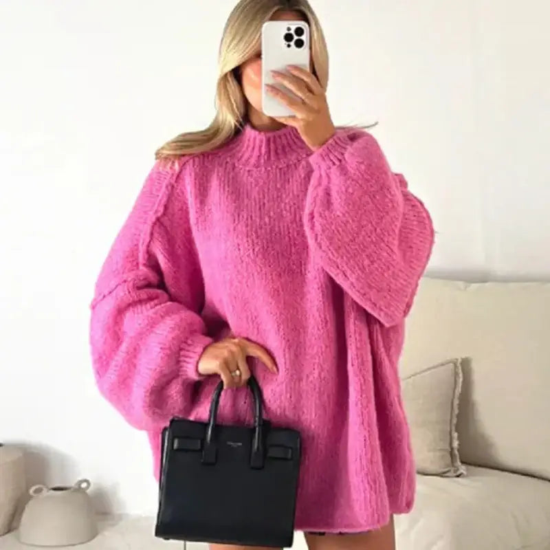 O Neck Oversized Knit Long Sleeve Pullover Sweater - Pink