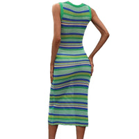 Thumbnail for O-Neck Sleeveless Striped Hollow Out Long Acrylic Knit Dress