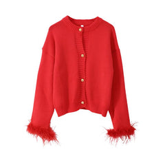 O Neck Feather Cuff Long Sleeve Button Up Cardigan