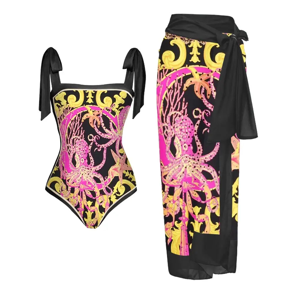 Octopus Print One-Piece Swimsuit Spandex Polyester