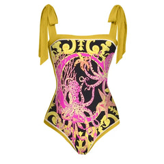Octopus Print One-Piece Swimsuit Spandex Polyester Yellow