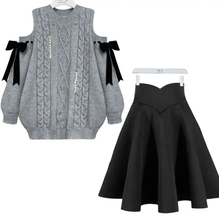 Off Shoulder Bow Diamond Knitted Sweater Skirt Set