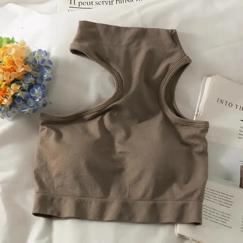 Off Shoulder Bra Knitted Crop Tops for Women Coffee