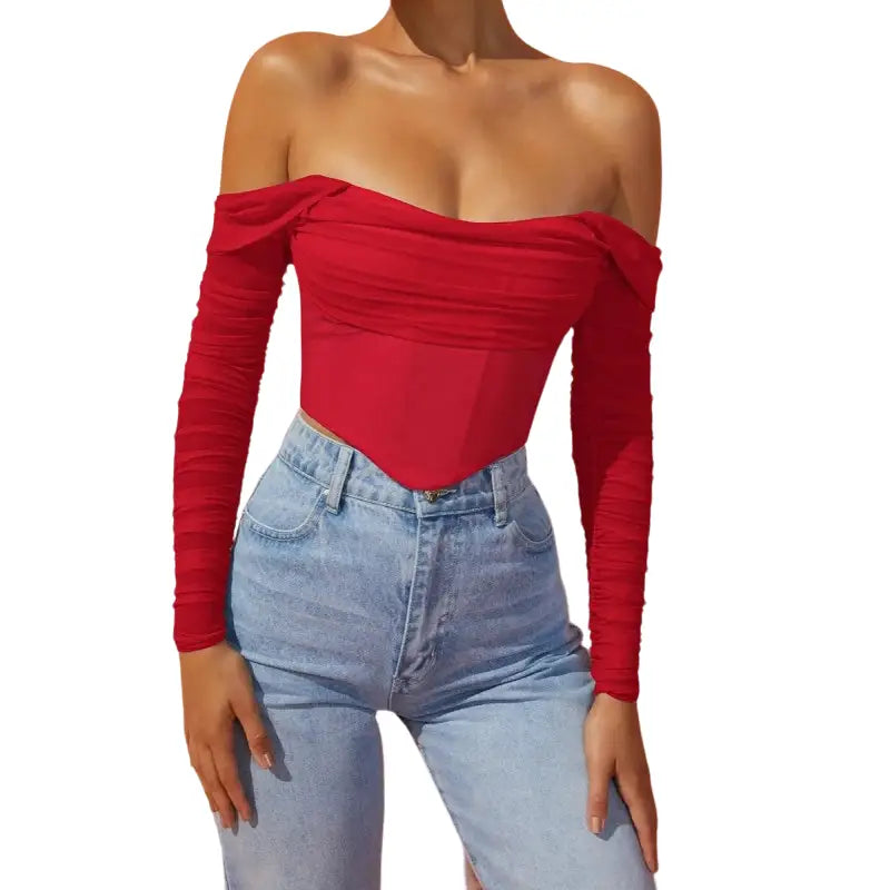 Off Shoulder Sleeve Mesh See Through Crop Top - Red / XS