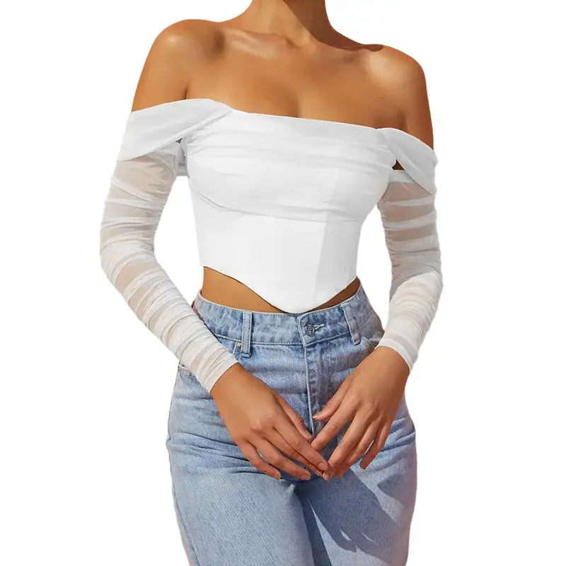 Off Shoulder Sleeve Mesh See Through Crop Top - White / XS