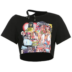Off Shoulder T Shirt with Comic Girls Print