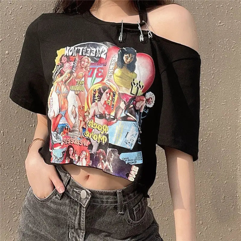 Off Shoulder T Shirt with Comic Girls Print Black / S