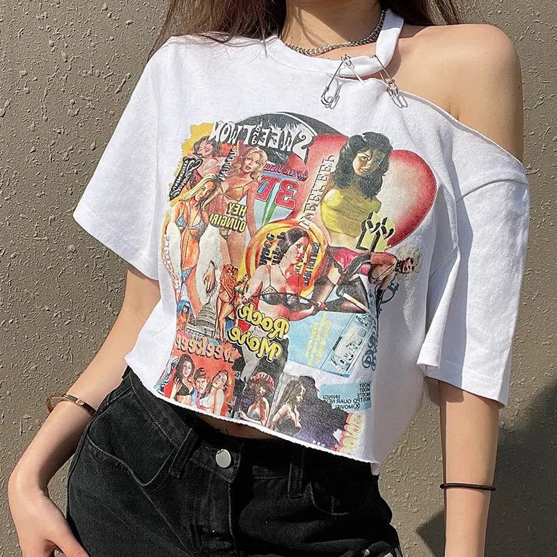 Off Shoulder T Shirt with Comic Girls Print White / S