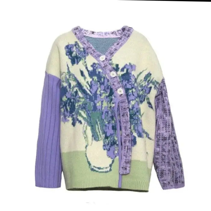 Oil Painting Print Sweater Coat with Long Sleeve Length