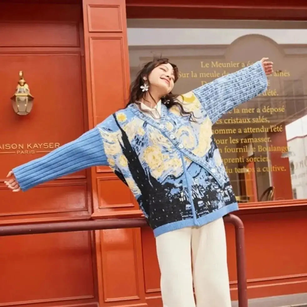 Oil Painting Print Sweater Coat with Long Sleeve Length