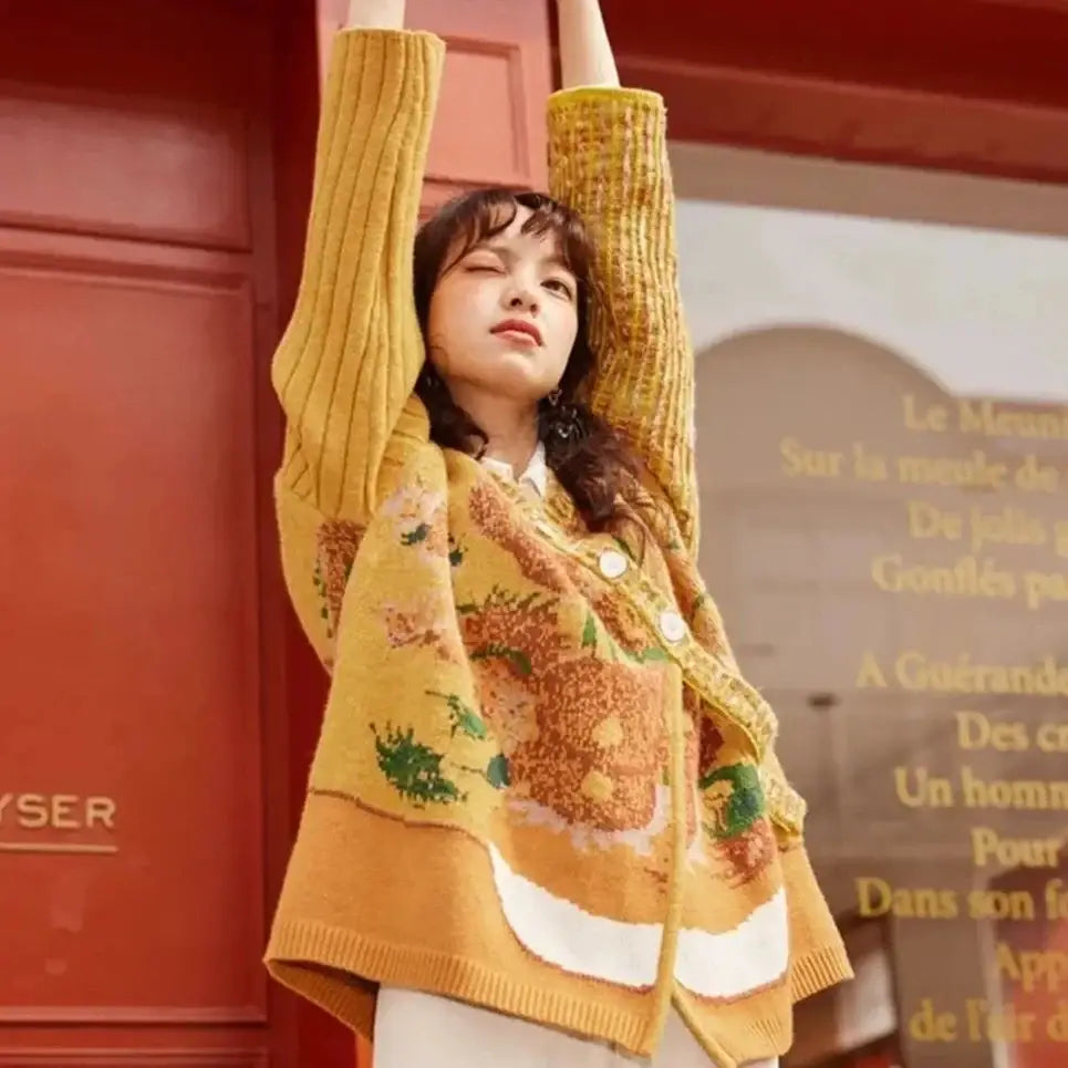 Oil Painting Print Sweater Coat with Long Sleeve Length