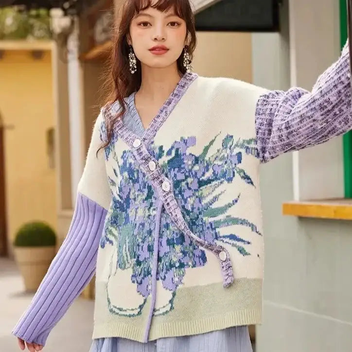 Oil Painting Print Sweater Coat with Long Sleeve Length