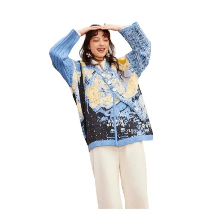 Oil Painting Print Sweater Coat with Long Sleeve Length Sky