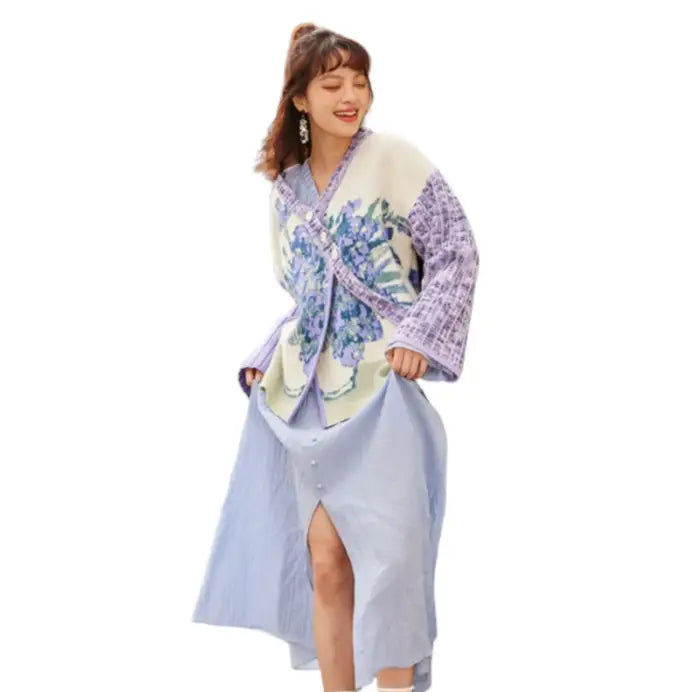 Oil Painting Print Sweater Coat with Long Sleeve Length