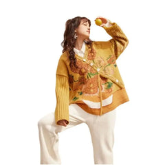 Oil Painting Print Sweater Coat with Long Sleeve Length