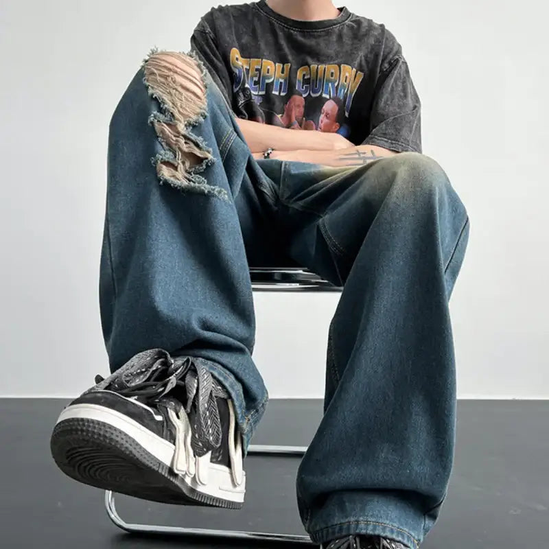 One Leg Ripped Y2K Jeans