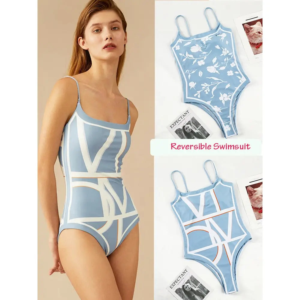 One Piece High Cut Flowers Monokini Swimsuit Blue / S
