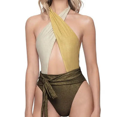 One Piece High Cut Flowers Monokini Swimsuit Brown / S