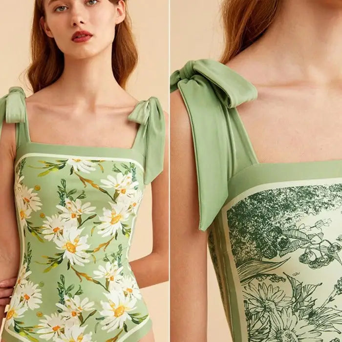 One Piece High Cut Flowers Monokini Swimsuit Green / S